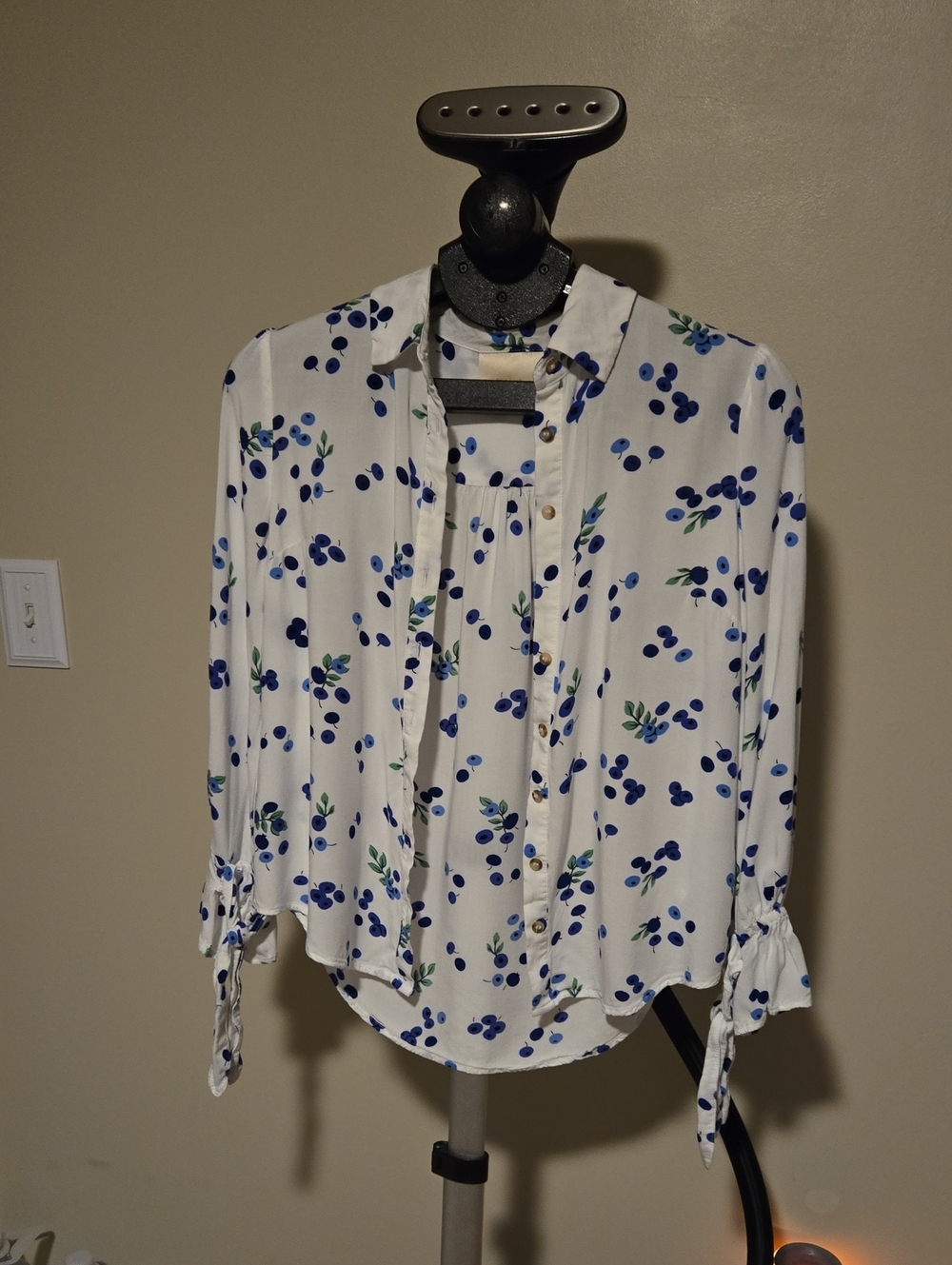 Maeve White Button-Down Shirt with Blue Floral Dot Pattern